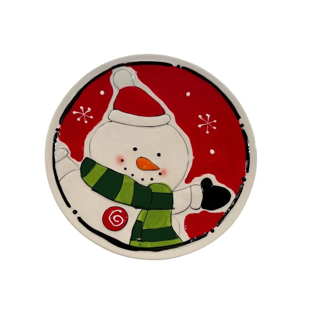 Sleigh Bell Bistro Christmas Plates Set of 2 Santa Snowman Ceramic 8 Inch